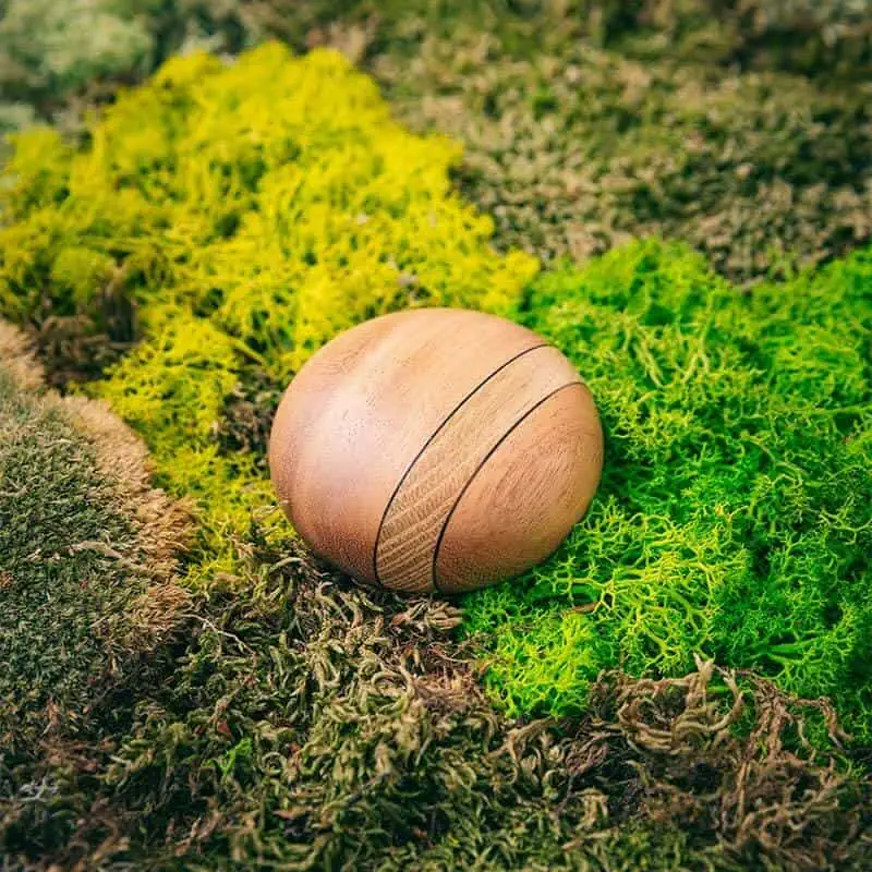 Lichte houten urn met off-center brede lijn, liggend op felgroen mos.