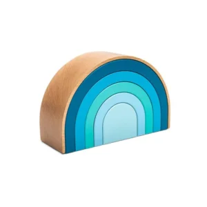 Wooden semicircular Rainbow urn in blue tones, ranging from dark blue to light blue, shown at an angle.