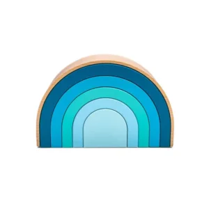 Wooden semicircular Rainbow urn in blue tones, ranging from dark blue to light blue, front view.