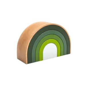 Wooden semicircular Rainbow urn in green tones, ranging from dark green to light green, shown at an angle.