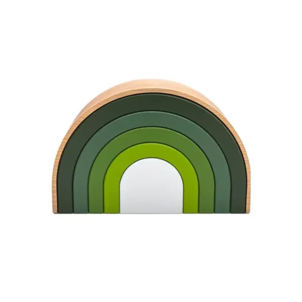 Wooden semicircular Rainbow urn in green tones, ranging from dark green to light green, front view.