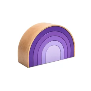 Wooden semicircular Rainbow urn in purple tones, ranging from dark purple to light purple, shown at an angle.