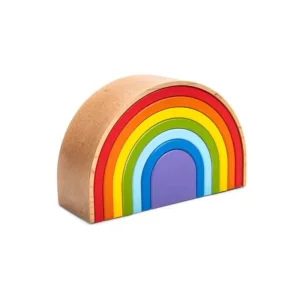 Wooden semicircular Rainbow urn in rainbow colors, ranging from red through orange, yellow, green, and light blue to blue and purple, shown at an angle.