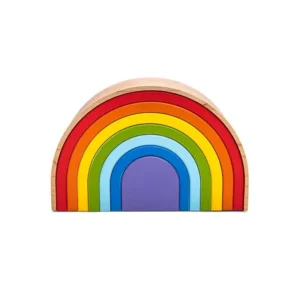 Wooden semicircular Rainbow urn with rainbow colors from red through orange, yellow, green, and light blue to blue and purple, front view.