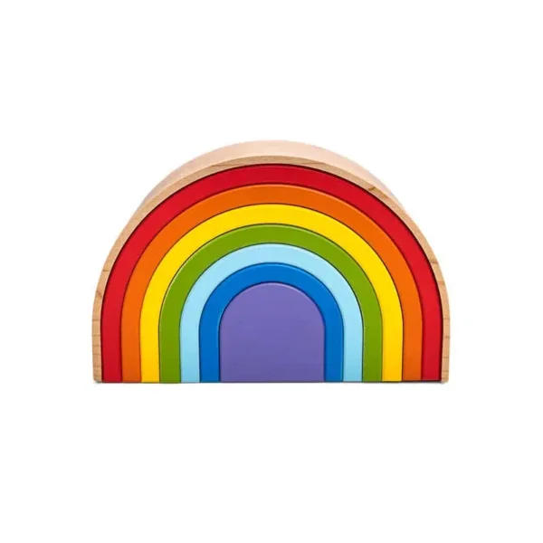 Wooden semicircular Rainbow urn with rainbow colors from red through orange, yellow, green, and light blue to blue and purple, front view.