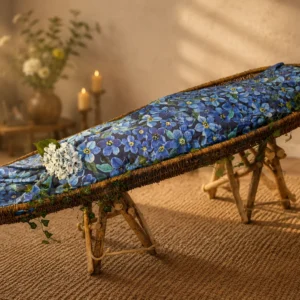 Sfeerfoto van de dubbele wade met een print van blauwe vergeet-mij-nietjes in een rieten baar op houten schragen, met witte hortensia, klimop en kaarsen in een zonverlichte kamer.